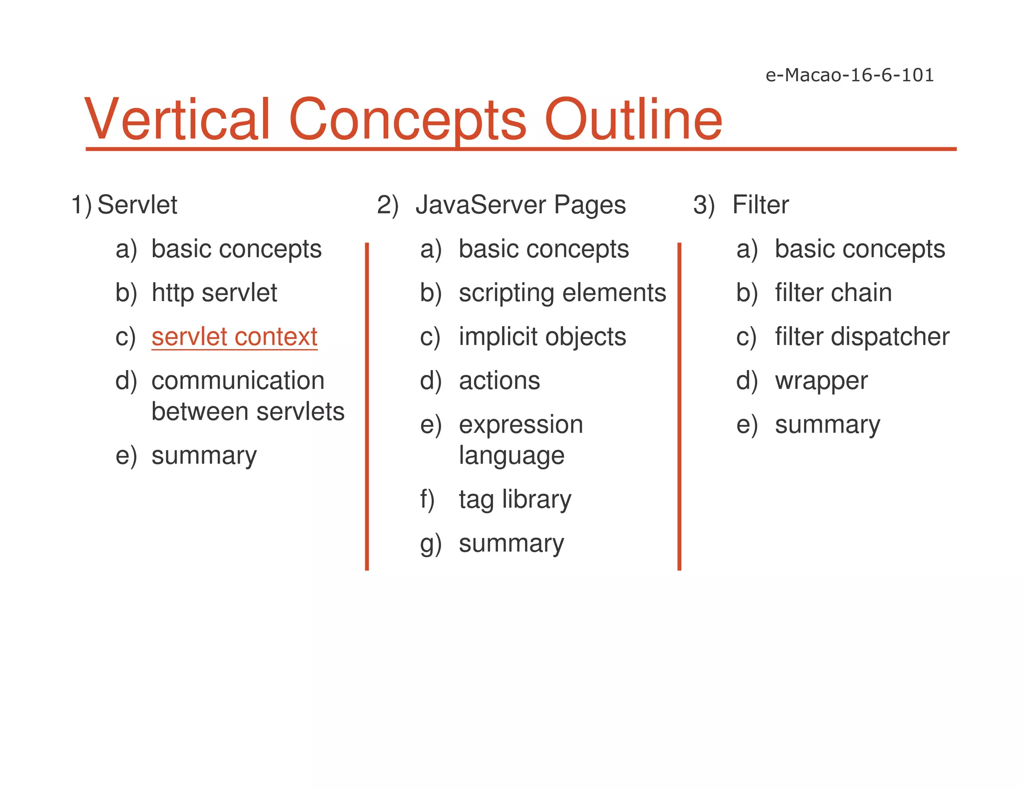 Vertical Concepts Outline
1) Servlet
a) basic concepts
b) http servlet
c) servlet context
d) communication
between servlets
e) summary
2) JavaServer Pages
a) basic concepts
b) scripting elements
c) implicit objects
d) actions
e) expression
language
f) tag library
g) summary
3) Filter
a) basic concepts
b) filter chain
c) filter dispatcher
d) wrapper
e) summary
 