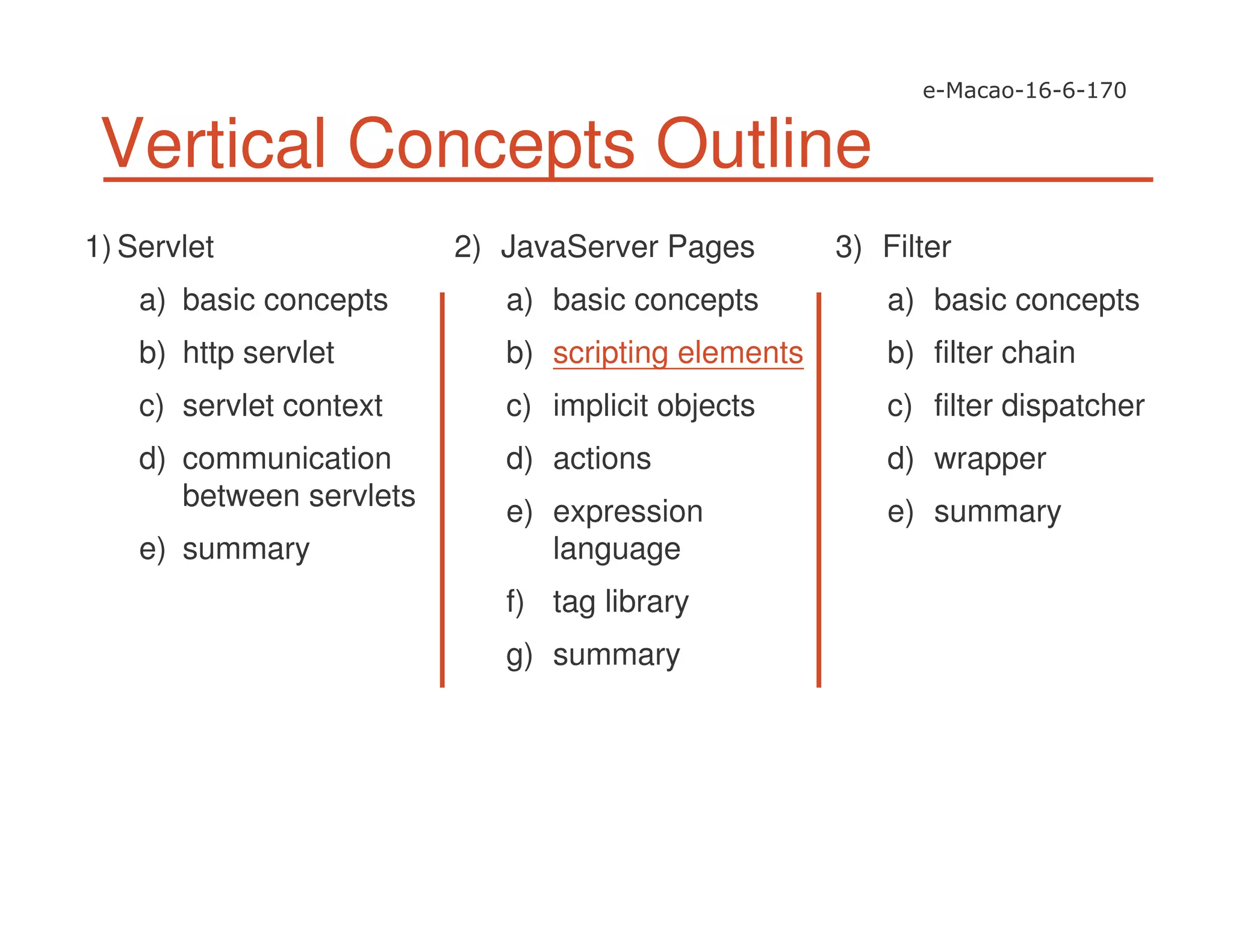 Vertical Concepts Outline
1) Servlet
a) basic concepts
b) http servlet
c) servlet context
d) communication
between servlets
e) summary
2) JavaServer Pages
a) basic concepts
b) scripting elements
c) implicit objects
d) actions
e) expression
language
f) tag library
g) summary
3) Filter
a) basic concepts
b) filter chain
c) filter dispatcher
d) wrapper
e) summary
 
