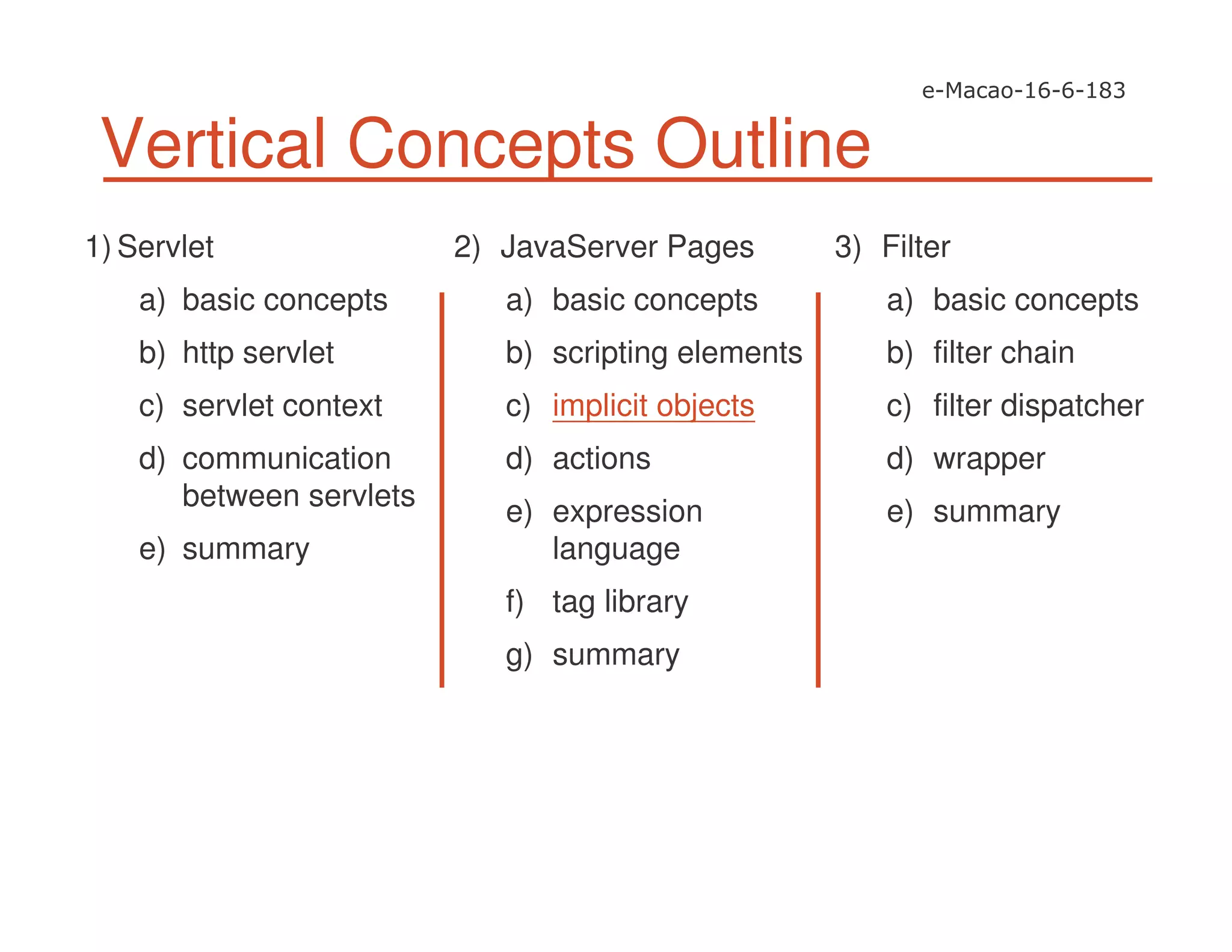 Vertical Concepts Outline
1) Servlet
a) basic concepts
b) http servlet
c) servlet context
d) communication
between servlets
e) summary
2) JavaServer Pages
a) basic concepts
b) scripting elements
c) implicit objects
d) actions
e) expression
language
f) tag library
g) summary
3) Filter
a) basic concepts
b) filter chain
c) filter dispatcher
d) wrapper
e) summary
 