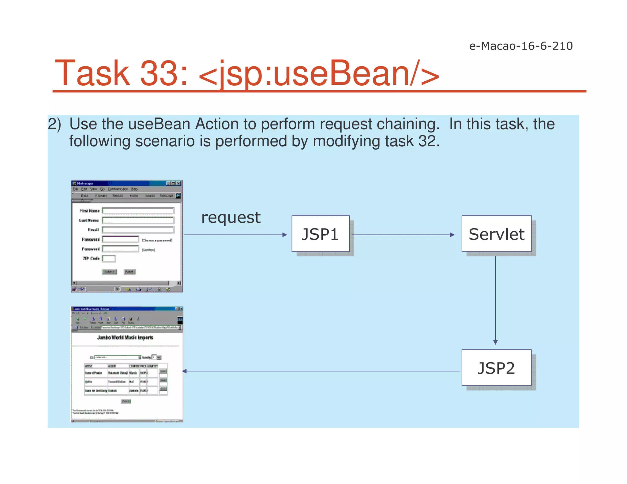 Task 33: <jsp:useBean/>
2) Use the useBean Action to perform request chaining. In this task, the
following scenario is performed by modifying task 32.
 