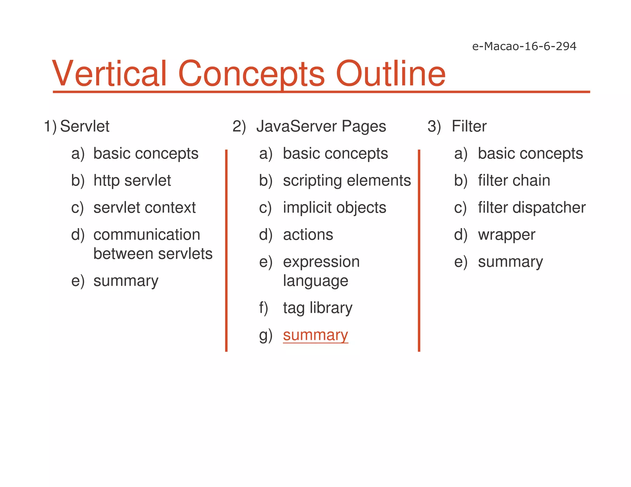 Vertical Concepts Outline
1) Servlet
a) basic concepts
b) http servlet
c) servlet context
d) communication
between servlets
e) summary
2) JavaServer Pages
a) basic concepts
b) scripting elements
c) implicit objects
d) actions
e) expression
language
f) tag library
g) summary
3) Filter
a) basic concepts
b) filter chain
c) filter dispatcher
d) wrapper
e) summary
 