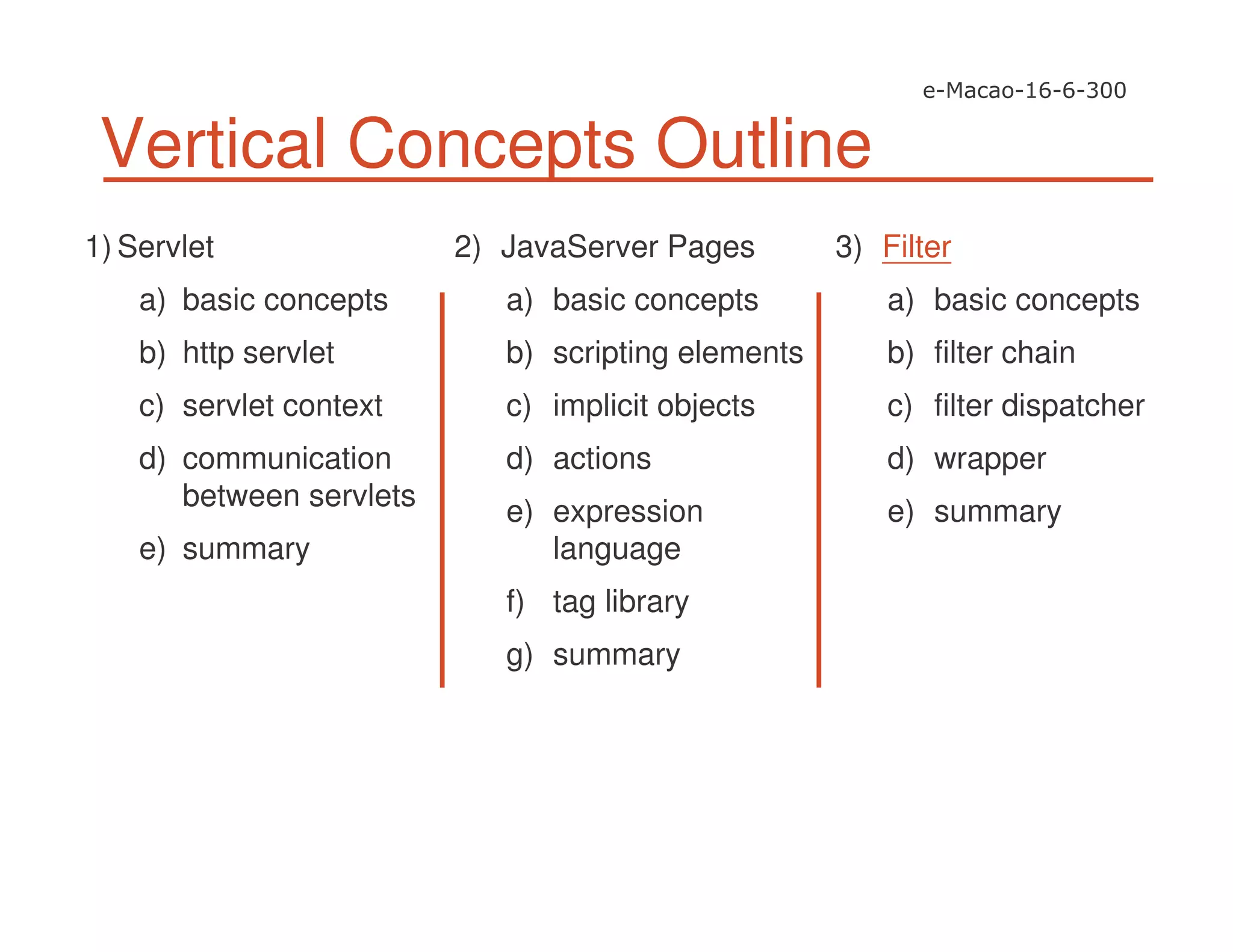 Vertical Concepts Outline
1) Servlet
a) basic concepts
b) http servlet
c) servlet context
d) communication
between servlets
e) summary
2) JavaServer Pages
a) basic concepts
b) scripting elements
c) implicit objects
d) actions
e) expression
language
f) tag library
g) summary
3) Filter
a) basic concepts
b) filter chain
c) filter dispatcher
d) wrapper
e) summary
 