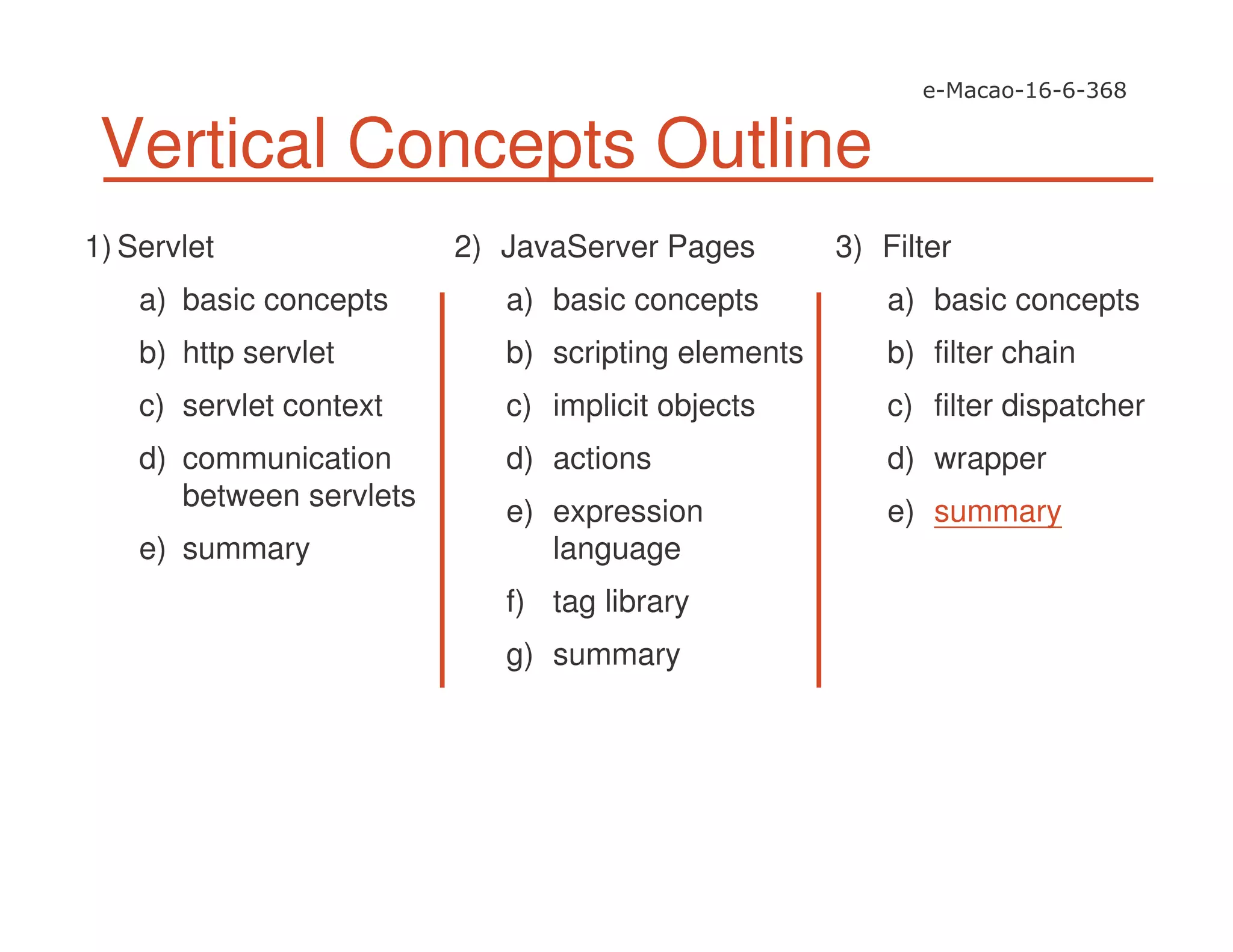 Vertical Concepts Outline
1) Servlet
a) basic concepts
b) http servlet
c) servlet context
d) communication
between servlets
e) summary
2) JavaServer Pages
a) basic concepts
b) scripting elements
c) implicit objects
d) actions
e) expression
language
f) tag library
g) summary
3) Filter
a) basic concepts
b) filter chain
c) filter dispatcher
d) wrapper
e) summary
 