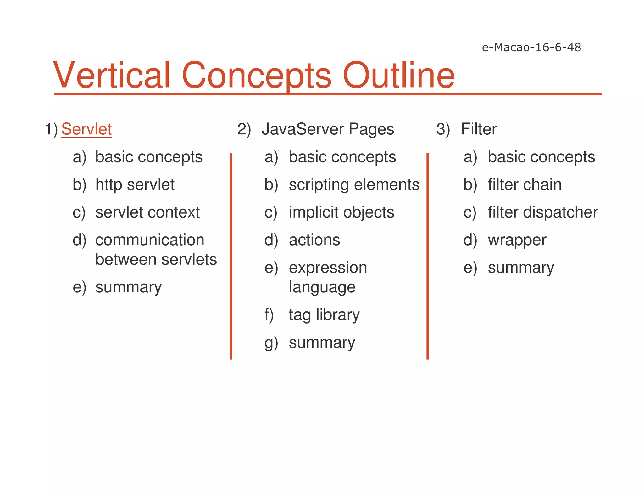 Vertical Concepts Outline
1) Servlet
a) basic concepts
b) http servlet
c) servlet context
d) communication
between servlets
e) summary
2) JavaServer Pages
a) basic concepts
b) scripting elements
c) implicit objects
d) actions
e) expression
language
f) tag library
g) summary
3) Filter
a) basic concepts
b) filter chain
c) filter dispatcher
d) wrapper
e) summary
 