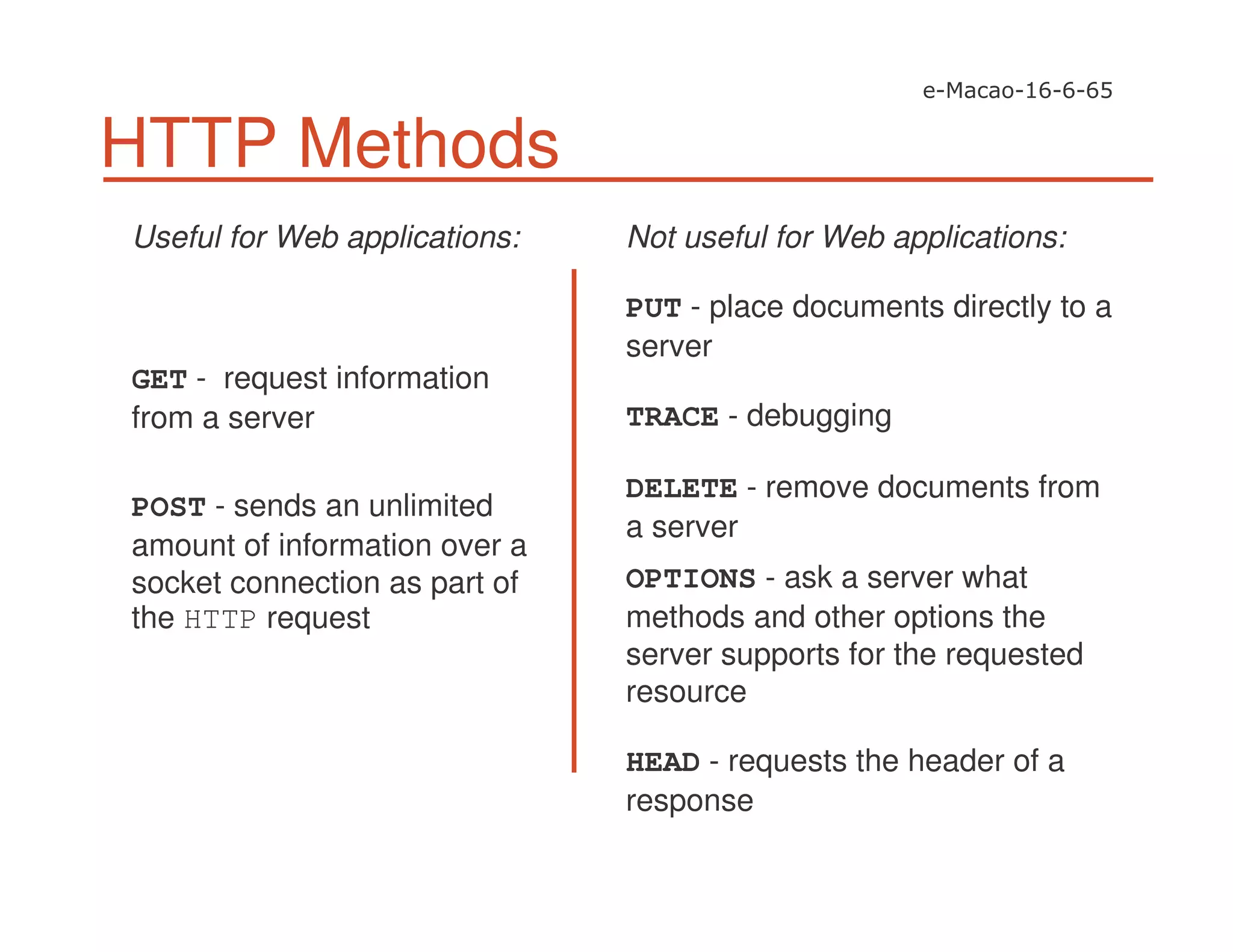 HTTP Methods
Useful for Web applications:
GET - request information
from a server
POST - sends an unlimited
amount of information over a
socket connection as part of
the HTTP request
Not useful for Web applications:
PUT - place documents directly to a
server
TRACE - debugging
DELETE - remove documents from
a server
OPTIONS - ask a server what
methods and other options the
server supports for the requested
resource
HEAD - requests the header of a
response
 