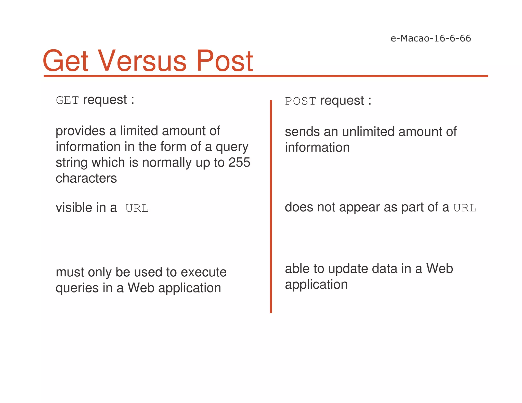 Get Versus Post
GET request :
provides a limited amount of
information in the form of a query
string which is normally up to 255
characters
visible in a URL
must only be used to execute
queries in a Web application
POST request :
sends an unlimited amount of
information
does not appear as part of a URL
able to update data in a Web
application
 