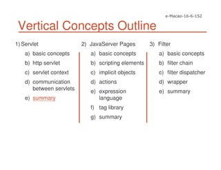 Vertical Concepts Outline
1) Servlet
a) basic concepts
b) http servlet
c) servlet context
d) communication
between servlets
e) summary
2) JavaServer Pages
a) basic concepts
b) scripting elements
c) implicit objects
d) actions
e) expression
language
f) tag library
g) summary
3) Filter
a) basic concepts
b) filter chain
c) filter dispatcher
d) wrapper
e) summary
 