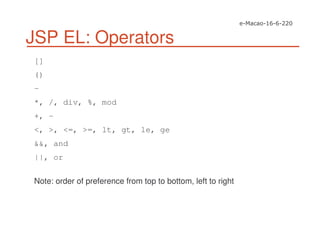 JSP EL: Operators
[]
()
-
*, /, div, %, mod
+, -
<, >, <=, >=, lt, gt, le, ge
&&, and
||, or
Note: order of preference from top to bottom, left to right
 