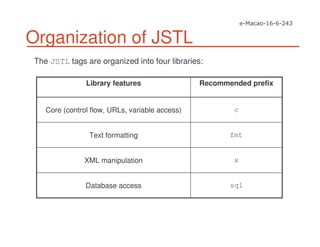 Organization of JSTL
The JSTL tags are organized into four libraries:
Recommended prefixLibrary features
cCore (control flow, URLs, variable access)
sqlDatabase access
xXML manipulation
fmtText formatting
 