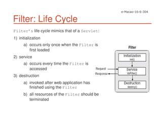 Filter: Life Cycle
Filter’s life cycle mimics that of a Servlet:
1) initialization
a) occurs only once when the Filter is
first loaded
2) service
a) occurs every time the Filter is
accessed
3) destruction
a) invoked after web application has
finished using the Filter
b) all resources of the Filter should be
terminated
 
