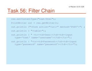 Task 56: Filter Chain
res.setContentType("text/html");
PrintWriter out = res.getWriter();
out.println ("<form action="+uri+" method='POST'>") ;
out.println ( "<table>");
out.println ( " <tr><td>User:</td><td><input
type='text' name='username'></td></tr>");
out.println ( "<tr><td>Password:</td><td><input
type='password' name='password'></td></tr>");
 