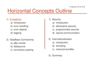 Horizontal Concepts Outline
1) Exceptions
a) introduction
b) error handling
c) error objects
d) logging
2) DataBase Connectivity
a) jdbc review
b) datasource
c) connection pooling
1) Security
a) introduction
b) declarative security
c) programmatic security
d) secure communication
2) Internationalization
a) introduction
b) encoding
c) resource bundles
3) Summary
 