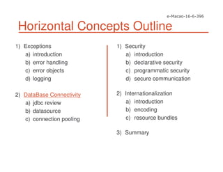 Horizontal Concepts Outline
1) Exceptions
a) introduction
b) error handling
c) error objects
d) logging
2) DataBase Connectivity
a) jdbc review
b) datasource
c) connection pooling
1) Security
a) introduction
b) declarative security
c) programmatic security
d) secure communication
2) Internationalization
a) introduction
b) encoding
c) resource bundles
3) Summary
 