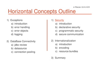 Horizontal Concepts Outline
1) Exceptions
a) introduction
b) error handling
c) error objects
d) logging
2) DataBase Connectivity
a) jdbc review
b) datasource
c) connection pooling
1) Security
a) introduction
b) declarative security
c) programmatic security
d) secure communication
2) Internationalization
a) introduction
b) encoding
c) resource bundles
3) Summary
 