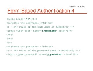 Form-Based Authentication 4
<table border="0"><tr>
<td>Enter the username: </td><td>
<!-- The value of the text name is mandatory -->
<input type="text" name="j_username" size="15">
</td>
</tr>
<tr>
<td>Enter the password: </td><td>
<!-- The value of the password name is mandatory -->
<input type="password" name="j_password" size="15">
 