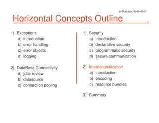 Horizontal Concepts Outline
1) Exceptions
a) introduction
b) error handling
c) error objects
d) logging
2) DataBase Connectivity
a) jdbc review
b) datasource
c) connection pooling
1) Security
a) introduction
b) declarative security
c) programmatic security
d) secure communication
2) Internationalization
a) introduction
b) encoding
c) resource bundles
3) Summary
 
