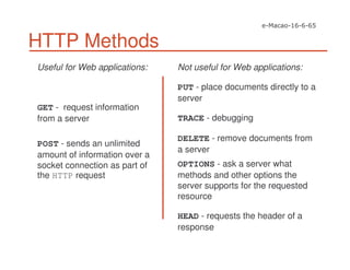 HTTP Methods
Useful for Web applications:
GET - request information
from a server
POST - sends an unlimited
amount of information over a
socket connection as part of
the HTTP request
Not useful for Web applications:
PUT - place documents directly to a
server
TRACE - debugging
DELETE - remove documents from
a server
OPTIONS - ask a server what
methods and other options the
server supports for the requested
resource
HEAD - requests the header of a
response
 
