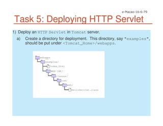Task 5: Deploying HTTP Servlet
1) Deploy an HTTP Servlet in Tomcat server.
a) Create a directory for deployment. This directory, say "examples",
should be put under <Tomcat_Home>/webapps.
examples/
webapps
Index.html
WEB-INF/
classes/
com/
web/
HelloServlet.class
 