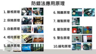 防錯法應用原理
1. 斷根原理
2. 保險原理
3. 自動原理
4. 相符原理
5. 順序原理
6. 隔離原理
7. 複製原理
8. 層別原理
9. 警告原理
10.緩和原理
 