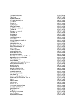 cuidateconmigo.es                   02/01/2013
fcboat.es                           02/01/2013
regalosizyedo.es                    02/01/2013
farmaciasanpedro.es                 02/01/2013
yoga1.es                            02/01/2013
herodo.es                           02/01/2013
egshome.es                          02/01/2013
parlamentos.es                      02/01/2013
pasteldechocolate.es                02/01/2013
covital.es                          02/01/2013
dietayembarazo.es                   02/01/2013
unikorns.es                         02/01/2013
dudasfp.es                          02/01/2013
spcbrpr.es                          02/01/2013
ciudadanolegal.es                   02/01/2013
sombra.es                           02/01/2013
programasdetelevision.es            02/01/2013
stockholder.es                      02/01/2013
bodaenalmeria.es                    02/01/2013
distribucionesvinoliva.es           02/01/2013
decoracionbenaiges.es               02/01/2013
eathink.es                          02/01/2013
vitafertilidad.es                   02/01/2013
escuelaelsaler.es                   02/01/2013
monpetitgateau.es                   02/01/2013
arreglamallorca.es                  02/01/2013
hispanoamericanadesarrollos.es      02/01/2013
abogados-en-mi-ciudad.es            02/01/2013
informaticolm.es                    02/01/2013
shemales.es                         02/01/2013
reparacionesdelhogaralicante.es     02/01/2013
embajadoresdealmeria.es             02/01/2013
grupoitcon.es                       02/01/2013
cartuchohp.es                       02/01/2013
valentinmoldovan.es                 02/01/2013
mediamaratonbullas.es               02/01/2013
personamayor.es                     02/01/2013
newgameservers.es                   02/01/2013
blacklabel.es                       02/01/2013
carnecrudadospuntocero.es           02/01/2013
hotelruralcortijolasalinas.com.es   02/01/2013
jgal.es                             02/01/2013
rotovator.es                        02/01/2013
crezere.es                          02/01/2013
farmafuen.es                        02/01/2013
cinemaparadiso.com.es               02/01/2013
lavacochesalmeria.es                02/01/2013
manubichos.es                       02/01/2013
fiacgc.es                           02/01/2013
exitmediacio.com.es                 02/01/2013
trendingbet.es                      02/01/2013
nomiresmas.com.es                   02/01/2013
 
