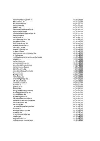 herramientasdejardin.es                 02/01/2013
descansado.es                           02/01/2013
elcuadrotaller.es                       02/01/2013
jimenamas.es                            02/01/2013
iprema.es                               02/01/2013
latinamericaleadership.es               02/01/2013
dominiosparati.es                       02/01/2013
farmaciainternacional24h.es             02/01/2013
inforquidea.es                          02/01/2013
tomateras.es                            02/01/2013
photographycours.es                     02/01/2013
sevillaliberal.es                       02/01/2013
boutiquepiscina.es                      02/01/2013
aloeveraimperial.es                     02/01/2013
gaonalarcon.es                          02/01/2013
videos-youtube.es                       02/01/2013
ecotectinta.es                          02/01/2013
peluquerias-en-mi-ciudad.es             02/01/2013
javiochoa.es                            02/01/2013
certificacionesenergeticasasturias.es   02/01/2013
strapon.es                              02/01/2013
cartuchotec.es                          02/01/2013
atenciónalcliente.es                    02/01/2013
atencionalcliente.org.es                02/01/2013
trendingapuestas.es                     02/01/2013
barcelonazen.es                         02/01/2013
centroesteticavalencia.es               02/01/2013
monedus.es                              02/01/2013
datingsex.es                            02/01/2013
nominaout.es                            02/01/2013
consultingdirect.es                     02/01/2013
cft-arquitecte.es                       02/01/2013
canalamanecer.es                        02/01/2013
esturax.es                              02/01/2013
goacloud.es                             02/01/2013
isomap.es                               02/01/2013
antiguaeditorialaguilar.es              02/01/2013
etancespedartificial.es                 02/01/2013
solucionesled.es                        02/01/2013
marketingmovi.es                        02/01/2013
barcelonarestaurante.es                 02/01/2013
fontaneros-en-mi-ciudad.es              02/01/2013
savethehorses.es                        02/01/2013
petissimo.es                            02/01/2013
cursodefotografiadigital.es             02/01/2013
la-nube.es                              02/01/2013
ampacaridadcobre.es                     02/01/2013
xtreweb.es                              02/01/2013
tesorodeguarrazar.es                    02/01/2013
egalleri.es                             02/01/2013
xiquitasteam.es                         02/01/2013
instalaciones-magrans.es                02/01/2013
 