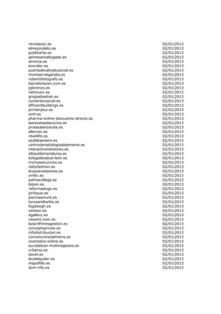 revistacec.es                        02/01/2013
elmejorplato.es                      02/01/2013
publikarte.es                        02/01/2013
jaimesanzabogado.es                  02/01/2013
atrenza.es                           02/01/2013
ecorider.es                          02/01/2013
puertadevalnadusocial.es             02/01/2013
montserratgandia.es                  02/01/2013
robertofotografo.es                  02/01/2013
barcelonazen.com.es                  02/01/2013
pjlorenzo.es                         02/01/2013
netmusic.es                          02/01/2013
gregsebastian.es                     02/01/2013
comerdorsocial.es                    02/01/2013
efficientbuildings.es                02/01/2013
printerplus.es                       02/01/2013
siml.es                              02/01/2013
pharma-online-descuento-directo.es   02/01/2013
lasrecetasdecocina.es                02/01/2013
prolasalanzarote.es                  02/01/2013
allercen.es                          02/01/2013
nba4life.es                          02/01/2013
azafatasnaire.es                     02/01/2013
centroderadiologiadelamama.es        02/01/2013
interactivenetworks.es               02/01/2013
elbauldemarialuisa.es                02/01/2013
botigadesalud-leon.es                02/01/2013
mymasanuncios.es                     02/01/2013
nabyfashion.es                       02/01/2013
brayperasesores.es                   02/01/2013
xmltv.es                             02/01/2013
palmacollege.es                      02/01/2013
bipsin.es                            02/01/2013
reformaslugo.es                      02/01/2013
jorloque.es                          02/01/2013
piscinasmunt.es                      02/01/2013
torosandtwitts.es                    02/01/2013
fogdesign.es                         02/01/2013
veotaxi.es                           02/01/2013
egallery.es                          02/01/2013
ceoeint.nom.es                       02/01/2013
lazardfreresgestion.es               02/01/2013
conceptoprivee.es                    02/01/2013
infodistribucion.es                  02/01/2013
convencionesalmeria.es               02/01/2013
cosmetics-online.es                  02/01/2013
eurobelcan-multinegosios.es          02/01/2013
urbanss.es                           02/01/2013
davel.es                             02/01/2013
localalquiler.es                     02/01/2013
mapoflife.es                         02/01/2013
dcm-info.es                          02/01/2013
 