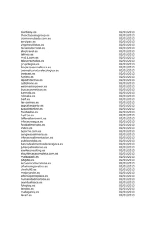 cuinbany.es                     02/01/2013
theoctopussygroup.es            02/01/2013
dormirenubeda.com.es            02/01/2013
servipax.es                     02/01/2013
virgimestilistas.es             02/01/2013
tecladodecristal.es             02/01/2013
stoptravel.es                   02/01/2013
latineo.es                      02/01/2013
mx11.com.es                     02/01/2013
talaverachollos.es              02/01/2013
grupolegna.es                   02/01/2013
limpiezasenmallorca.es          02/01/2013
cosmeticanaturalecologica.es    02/01/2013
bertcast.es                     02/01/2013
funiest.es                      02/01/2013
lapedrizactiva.es               02/01/2013
optiphone.es                    02/01/2013
webmasterpower.es               02/01/2013
buscacosmeticos.es              02/01/2013
karmela.es                      02/01/2013
n0makk.es                       02/01/2013
barf.es                         02/01/2013
las-palmas.es                   02/01/2013
cupcakesparty.es                02/01/2013
tuoutletonline.es               02/01/2013
forobadoo.es                    02/01/2013
hydroo.es                       02/01/2013
talleresbenavent.es             02/01/2013
infotecnoagua.es                02/01/2013
footballmercato.es              02/01/2013
indico.es                       02/01/2013
tvporno.com.es                  02/01/2013
congresosalmeria.es             02/01/2013
infotecnoalimentacion.es        02/01/2013
publicordoba.es                 02/01/2013
bancodealimentosdezaragoza.es   02/01/2013
julianpabloalonso.es            02/01/2013
savileconsulting.es             02/01/2013
alquilercasacompleta.com.es     02/01/2013
maldapack.es                    02/01/2013
pdigital.es                     02/01/2013
seoservicebarcelona.es          02/01/2013
oftalmologiaretiro.es           02/01/2013
diseño95.es                     02/01/2013
mejorjardin.es                  02/01/2013
alfonsoperezplaza.es            02/01/2013
humanidadmorbida.es             02/01/2013
cevirtualisaca.es               02/01/2013
fotoplay.es                     02/01/2013
tendoo.es                       02/01/2013
mallagaray.es                   02/01/2013
lava2.es                        02/01/2013
 