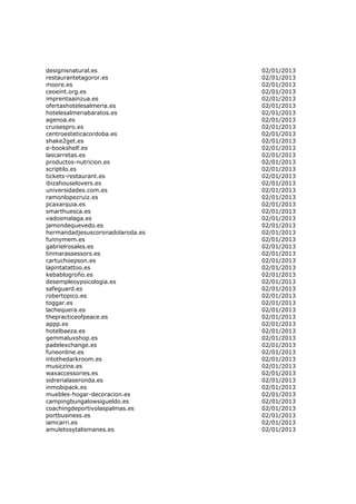 designisnatural.es                02/01/2013
restaurantetagoror.es             02/01/2013
moore.es                          02/01/2013
ceoeint.org.es                    02/01/2013
imprentaainzua.es                 02/01/2013
ofertashotelesalmeria.es          02/01/2013
hotelesalmeriabaratos.es          02/01/2013
agenoa.es                         02/01/2013
cruisespro.es                     02/01/2013
centroesteticacordoba.es          02/01/2013
shake2get.es                      02/01/2013
e-bookshelf.es                    02/01/2013
lascarretas.es                    02/01/2013
productos-nutricion.es            02/01/2013
scriptilo.es                      02/01/2013
tickets-restaurant.es             02/01/2013
ibizahouselovers.es               02/01/2013
universidades.com.es              02/01/2013
ramonlopezruiz.es                 02/01/2013
pcaxarquia.es                     02/01/2013
smarthuesca.es                    02/01/2013
vadosmalaga.es                    02/01/2013
jamondequevedo.es                 02/01/2013
hermandadjesuscoronadolaroda.es   02/01/2013
funnymem.es                       02/01/2013
gabrielrosales.es                 02/01/2013
tinmarassessors.es                02/01/2013
cartuchoepson.es                  02/01/2013
lapintatattoo.es                  02/01/2013
kebablogroño.es                   02/01/2013
desempleoypsicologia.es           02/01/2013
safeguard.es                      02/01/2013
robertopico.es                    02/01/2013
toggar.es                         02/01/2013
lachequera.es                     02/01/2013
thepracticeofpeace.es             02/01/2013
appp.es                           02/01/2013
hotelbaeza.es                     02/01/2013
gemmaluxshop.es                   02/01/2013
padelexchange.es                  02/01/2013
funeonline.es                     02/01/2013
intothedarkroom.es                02/01/2013
musiczine.es                      02/01/2013
waxaccessories.es                 02/01/2013
sidrerialaseronda.es              02/01/2013
inmobipack.es                     02/01/2013
muebles-hogar-decoracion.es       02/01/2013
campingbungalowsigueldo.es        02/01/2013
coachingdeportivolaspalmas.es     02/01/2013
portbusiness.es                   02/01/2013
iamcarri.es                       02/01/2013
amuletosytalismanes.es            02/01/2013
 