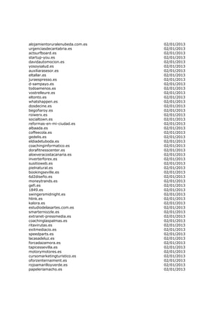 alojamientoruralenubeda.com.es   02/01/2013
urgenciasdecantabria.es          02/01/2013
actsurfboard.es                  02/01/2013
startup-you.es                   02/01/2013
davidautomocion.es               02/01/2013
yosoysalud.es                    02/01/2013
auxiliarasesor.es                02/01/2013
eltallar.es                      02/01/2013
juraespresso.es                  02/01/2013
d-sampayo.es                     02/01/2013
todoamenos.es                    02/01/2013
vostrelleure.es                  02/01/2013
eltonto.es                       02/01/2013
whatshappen.es                   02/01/2013
dosdecine.es                     02/01/2013
begoñaroy.es                     02/01/2013
roiwerx.es                       02/01/2013
socialtown.es                    02/01/2013
reformas-en-mi-ciudad.es         02/01/2013
albaada.es                       02/01/2013
coffeecola.es                    02/01/2013
gedelis.es                       02/01/2013
eldiadetuboda.es                 02/01/2013
coachinginformatico.es           02/01/2013
dorafitnesscenter.es             02/01/2013
aloeveracostacanaria.es          02/01/2013
inverterforex.es                 02/01/2013
susitioweb.es                    02/01/2013
pielnatural.es                   02/01/2013
bookingseville.es                02/01/2013
6d2diseño.es                     02/01/2013
moneytrands.es                   02/01/2013
gefi.es                          02/01/2013
1849.es                          02/01/2013
swingersmidnight.es              02/01/2013
hlink.es                         02/01/2013
kalora.es                        02/01/2013
estudiodelasartes.com.es         02/01/2013
smarternozzle.es                 02/01/2013
extranet-pressmedia.es           02/01/2013
coachinglaspalmas.es             02/01/2013
ritavirutas.es                   02/01/2013
exitmediacio.es                  02/01/2013
speedparts.es                    02/01/2013
lacasadeluz.es                   02/01/2013
forcadazamora.es                 02/01/2013
tapicessevilla.es                02/01/2013
motorymotores.es                 02/01/2013
cursomarketingturistico.es       02/01/2013
oforzenternaiment.es             02/01/2013
rojoamarilloyverde.es            02/01/2013
papeleriamacho.es                02/01/2013
 
