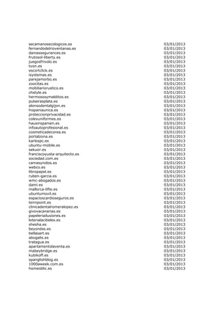 secamanosecologicos.es         03/01/2013
fernandodelrioventanas.es      03/01/2013
daniassegurances.es            03/01/2013
frutosol-liberty.es            03/01/2013
juegosfrivolo.es               03/01/2013
tvon.es                        03/01/2013
escortclick.es                 03/01/2013
isystemas.es                   03/01/2013
parejamorbo.es                 03/01/2013
zoocitas.es                    03/01/2013
mobiliariorustico.es           03/01/2013
chstyle.es                     03/01/2013
hermososymalditos.es           03/01/2013
pulserasplata.es               03/01/2013
alonsodentalgijon.es           03/01/2013
hispaniaunica.es               03/01/2013
proteccionprivacidad.es        03/01/2013
colexuniformes.es              03/01/2013
hausinspanien.es               03/01/2013
infoautoprofesional.es         03/01/2013
cosmeticadecorea.es            03/01/2013
portalzona.es                  03/01/2013
karlospc.es                    03/01/2013
ubuntu-mobile.es               03/01/2013
sekuor.es                      03/01/2013
franciscoyusta-arquitecto.es   03/01/2013
sociedad.com.es                03/01/2013
camasynidos.es                 03/01/2013
webco.es                       03/01/2013
libropapel.es                  03/01/2013
ruben-garcia.es                03/01/2013
wmc-abogados.es                03/01/2013
dami.es                        03/01/2013
mallorca-lifte.es              03/01/2013
ubuntumovil.es                 03/01/2013
espacioscardioseguros.es       03/01/2013
tennpoint.es                   03/01/2013
clinicadentalromeralopez.es    03/01/2013
givovacanarias.es              03/01/2013
papeleriailusiones.es          03/01/2013
loterialacibeles.es            03/01/2013
shesha.es                      03/01/2013
beyondss.es                    03/01/2013
bellasart.es                   03/01/2013
abogalis.es                    03/01/2013
tratagua.es                    03/01/2013
apartamentolaventa.es          03/01/2013
mabeybridge.es                 03/01/2013
kubikoff.es                    03/01/2013
spanglishblog.es               03/01/2013
1000aweek.com.es               03/01/2013
homeidilic.es                  03/01/2013
 