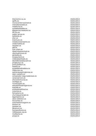 thermomix-ou.es                03/01/2013
apiffy.es                      03/01/2013
monavieinternacional.es        03/01/2013
marioalonsoweb.es              03/01/2013
masferriol.es                  03/01/2013
quetalhaidoeldia.es            03/01/2013
glassdrivecristalcano.es       03/01/2013
efl-fire.es                    03/01/2013
walter-group.es                03/01/2013
losfelices.es                  03/01/2013
sher.es                        03/01/2013
treemusic.es                   03/01/2013
instalacionesrejome.es         03/01/2013
sindermatitis.es               03/01/2013
swypear.es                     03/01/2013
gbf.es                         03/01/2013
sub-urban.es                   03/01/2013
stpatrickspreschool.es         03/01/2013
ubuntuphoneos.es               03/01/2013
pendulos.es                    03/01/2013
evopayment.es                  03/01/2013
milalvaboerboels.es            03/01/2013
latortilleriarestaurant.es     03/01/2013
proalquisur.es                 03/01/2013
profi-postfach.es              03/01/2013
keebitz.es                     03/01/2013
guiadebenalmadena.es           03/01/2013
villaturism.es                 03/01/2013
palmeraswashingtonias.es       03/01/2013
adan-castaño.es                03/01/2013
comparador-segurosdecesos.es   03/01/2013
canaryservers.es               03/01/2013
ahorrarenmurcia.es             03/01/2013
worldgay.es                    03/01/2013
nurseryspain.es                03/01/2013
estudiotributariogarcia.es     03/01/2013
koanlab.es                     03/01/2013
professionalcloud.es           03/01/2013
uniproca.es                    03/01/2013
fenixahorro.es                 03/01/2013
churrasqueriavigo.es           03/01/2013
lagartijanick.es               03/01/2013
slave-selection.es             03/01/2013
bicicoches.es                  03/01/2013
automastismosgaren.es          03/01/2013
bontoni.es                     03/01/2013
joobster.es                    03/01/2013
derectum.es                    03/01/2013
homeandhome.es                 03/01/2013
1000aweek.org.es               03/01/2013
multileche.es                  03/01/2013
pinpai.es                      03/01/2013
 