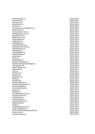 bioprotectcard.es                 03/01/2013
avealmeria.es                     03/01/2013
olea-group.es                     03/01/2013
thehamons.es                      03/01/2013
stymod.es                         03/01/2013
moveserviciosinmobiliarios.es     03/01/2013
jmbtransfer.es                    03/01/2013
insonorizacion-asv.es             03/01/2013
dealsdashbod.com.es               03/01/2013
petyapetrova.es                   03/01/2013
elalmirez.com.es                  03/01/2013
profipostfach.es                  03/01/2013
rbsistemas.es                     03/01/2013
endlessgam.es                     03/01/2013
arquitectoonline.es               03/01/2013
lesbiantourism.com.es             03/01/2013
tallerdeveleria.es                03/01/2013
kakidesign.es                     03/01/2013
subastasfigaro.es                 03/01/2013
cafebarlarosa.es                  03/01/2013
taanevig.es                       03/01/2013
workz.es                          03/01/2013
raizqadrada.es                    03/01/2013
peluqueriacordoba.es              03/01/2013
aparcamientogarajemalaga.es       03/01/2013
viverosspain.es                   03/01/2013
pepinieresspain.es                03/01/2013
upitiendas.es                     03/01/2013
pucv.es                           03/01/2013
fiftyfarma.es                     03/01/2013
asescop.es                        03/01/2013
ingeaccion.es                     03/01/2013
azflag.es                         03/01/2013
masde10.es                        03/01/2013
laesclavadeazul.es                03/01/2013
hazdineroeninternet.es            03/01/2013
comohaidoeldia.es                 03/01/2013
serviciosyrepara.es               03/01/2013
vega15.es                         03/01/2013
defooda.es                        03/01/2013
simuladorsextorsion.es            03/01/2013
mysciencework.es                  03/01/2013
primeracing.es                    03/01/2013
modelrockets.es                   03/01/2013
autoescuelagava.es                03/01/2013
redempresa.es                     03/01/2013
polo9.es                          03/01/2013
mejoresappsiphone.es              03/01/2013
guitarrazaragoza.es               03/01/2013
centromedicinaesteticamadrid.es   03/01/2013
merkur1x2.es                      03/01/2013
mundonomada.es                    03/01/2013
 