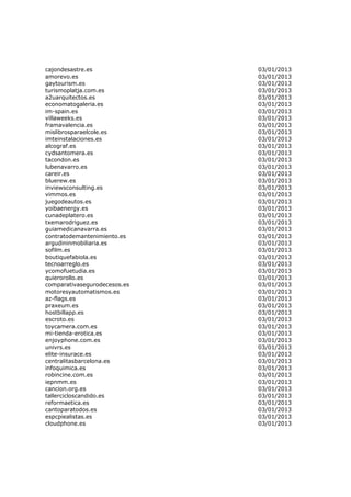 cajondesastre.es              03/01/2013
amorevo.es                    03/01/2013
gaytourism.es                 03/01/2013
turismoplatja.com.es          03/01/2013
a2uarquitectos.es             03/01/2013
economatogaleria.es           03/01/2013
im-spain.es                   03/01/2013
villaweeks.es                 03/01/2013
framavalencia.es              03/01/2013
mislibrosparaelcole.es        03/01/2013
imteinstalaciones.es          03/01/2013
alcograf.es                   03/01/2013
cydsantomera.es               03/01/2013
tacondon.es                   03/01/2013
lubenavarro.es                03/01/2013
careir.es                     03/01/2013
bluerew.es                    03/01/2013
inviewsconsulting.es          03/01/2013
vimmos.es                     03/01/2013
juegodeautos.es               03/01/2013
yoibaenergy.es                03/01/2013
cunadeplatero.es              03/01/2013
txemarodriguez.es             03/01/2013
guiamedicanavarra.es          03/01/2013
contratodemantenimiento.es    03/01/2013
argudininmobiliaria.es        03/01/2013
sofilm.es                     03/01/2013
boutiquefabiola.es            03/01/2013
tecnoarreglo.es               03/01/2013
ycomofuetudia.es              03/01/2013
quierorollo.es                03/01/2013
comparativasegurodecesos.es   03/01/2013
motoresyautomatismos.es       03/01/2013
az-flags.es                   03/01/2013
praxeum.es                    03/01/2013
hostbillapp.es                03/01/2013
escroto.es                    03/01/2013
toycamera.com.es              03/01/2013
mi-tienda-erotica.es          03/01/2013
enjoyphone.com.es             03/01/2013
univrs.es                     03/01/2013
elite-insurace.es             03/01/2013
centralitasbarcelona.es       03/01/2013
infoquimica.es                03/01/2013
robincine.com.es              03/01/2013
iepnmm.es                     03/01/2013
cancion.org.es                03/01/2013
tallercicloscandido.es        03/01/2013
reformaetica.es               03/01/2013
cantoparatodos.es             03/01/2013
espcpiealistas.es             03/01/2013
cloudphone.es                 03/01/2013
 