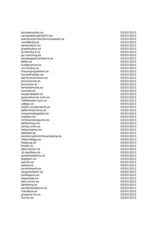 gonzalezydiaz.es                  03/01/2013
carnavaldecadiz2014.es            03/01/2013
iwanttointernforjohnnycupcak.es   03/01/2013
cocollekids.es                    03/01/2013
santanderf1.es                    03/01/2013
greaterglory.es                   03/01/2013
scratcheuro.es                    03/01/2013
go-coaching.es                    03/01/2013
psicologiaencantabria.es          03/01/2013
lalilet.es                        03/01/2013
huellacanina.es                   03/01/2013
correrebre.es                     03/01/2013
thecangrejosteam.es               03/01/2013
home4holiday.es                   03/01/2013
perfumesxmenos.es                 03/01/2013
tecnococina.es                    03/01/2013
piconinos.es                      03/01/2013
lamardemona.es                    03/01/2013
novosat.es                        03/01/2013
soupandsalad.es                   03/01/2013
quieroahorrar.com.es              03/01/2013
1000aweek.nom.es                  03/01/2013
yalego.es                         03/01/2013
ticket-compliments.es             03/01/2013
delfin2interiores.es              03/01/2013
riosanonabogados.es               03/01/2013
codebyt.es                        03/01/2013
inmosanseseguros.es               03/01/2013
elefantrosa.es                    03/01/2013
clinica-cime.es                   03/01/2013
teacompanio.es                    03/01/2013
dipatata.es                       03/01/2013
asistenciadomiciliocantabria.es   03/01/2013
villasmalaga.es                   03/01/2013
felippuig.es                      03/01/2013
frarati.es                        03/01/2013
eltormentin.es                    03/01/2013
cti-sandbox.es                    03/01/2013
quetalhaidohoy.es                 03/01/2013
acgteam.es                        03/01/2013
ajundo.es                         03/01/2013
aishea.es                         03/01/2013
zenstyleweb.es                    03/01/2013
vanguardtech.es                   03/01/2013
bufetagora.es                     03/01/2013
segupress.es                      03/01/2013
deco-prive.es                     03/01/2013
labotema.es                       03/01/2013
pendientesdeoro.es                03/01/2013
maridesa.es                       03/01/2013
grupocis-im.es                    03/01/2013
mo-bx.es                          03/01/2013
 