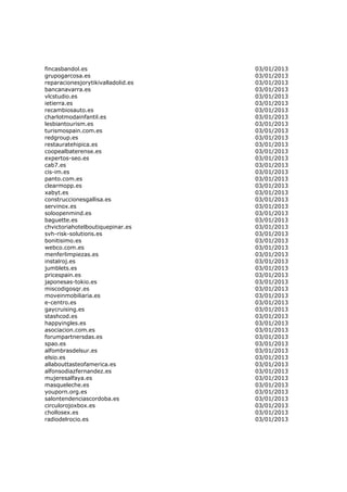 fincasbandol.es                     03/01/2013
grupogarcosa.es                     03/01/2013
reparacionesjorytikivalladolid.es   03/01/2013
bancanavarra.es                     03/01/2013
vlcstudio.es                        03/01/2013
ietierra.es                         03/01/2013
recambiosauto.es                    03/01/2013
charlotmodainfantil.es              03/01/2013
lesbiantourism.es                   03/01/2013
turismospain.com.es                 03/01/2013
redgroup.es                         03/01/2013
restauratehipica.es                 03/01/2013
coopealbaterense.es                 03/01/2013
expertos-seo.es                     03/01/2013
cab7.es                             03/01/2013
cis-im.es                           03/01/2013
panto.com.es                        03/01/2013
clearmopp.es                        03/01/2013
xabyt.es                            03/01/2013
construccionesgallisa.es            03/01/2013
servinox.es                         03/01/2013
soloopenmind.es                     03/01/2013
baguette.es                         03/01/2013
chvictoriahotelboutiquepinar.es     03/01/2013
svh-risk-solutions.es               03/01/2013
bonitisimo.es                       03/01/2013
webco.com.es                        03/01/2013
menferlimpiezas.es                  03/01/2013
instalroj.es                        03/01/2013
jumblets.es                         03/01/2013
pricespain.es                       03/01/2013
japonesas-tokio.es                  03/01/2013
miscodigosqr.es                     03/01/2013
moveinmobiliaria.es                 03/01/2013
e-centro.es                         03/01/2013
gaycruising.es                      03/01/2013
stashcod.es                         03/01/2013
happyingles.es                      03/01/2013
asociacion.com.es                   03/01/2013
forumpartnersdas.es                 03/01/2013
spao.es                             03/01/2013
alfombrasdelsur.es                  03/01/2013
elsio.es                            03/01/2013
allabouttasteofamerica.es           03/01/2013
alfonsodiazfernandez.es             03/01/2013
mujeresalfaya.es                    03/01/2013
masqueleche.es                      03/01/2013
youporn.org.es                      03/01/2013
salontendenciascordoba.es           03/01/2013
circulorojoxbox.es                  03/01/2013
chollosex.es                        03/01/2013
radiodelrocio.es                    03/01/2013
 