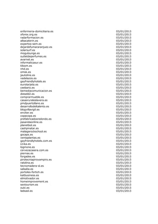 enfermeria-domiciliaria.es   03/01/2013
xforex.org.es                03/01/2013
radarformacion.es            03/01/2013
albacaterin.es               03/01/2013
expertos-sem.es              03/01/2013
dejardefumararanjuez.es      03/01/2013
solarsurf.es                 03/01/2013
mogulounge.es                03/01/2013
outletdeperfumes.es          03/01/2013
avarnet.es                   03/01/2013
informaticasur.es            03/01/2013
tiloom.es                    03/01/2013
nhd.es                       03/01/2013
omsk.es                      03/01/2013
jautoline.es                 03/01/2013
vadelazos.es                 03/01/2013
gayfriendlyhotels.es         03/01/2013
eurotarjeta.es               03/01/2013
ceebano.es                   03/01/2013
bemediacomunicacion.es       03/01/2013
dieseld2.es                  03/01/2013
comprarmueble.es             03/01/2013
casasruraleslavera.es        03/01/2013
pmdpuertollano.es            03/01/2013
desarrollodeltalento.es      03/01/2013
blogvillavigil.es            03/01/2013
enviter.es                   03/01/2013
copacopa.es                  03/01/2013
prefabricadosredondo.es      03/01/2013
pasarelaonline.es            03/01/2013
planetbot.es                 03/01/2013
cashpinatar.es               03/01/2013
malagarockschool.es          03/01/2013
gocaps.es                    03/01/2013
ventaplantas.es              03/01/2013
gayfriendlyhotels.com.es     03/01/2013
s1ika.es                     03/01/2013
loginone.es                  03/01/2013
cervezacasera.com.es         03/01/2013
piernas.es                   03/01/2013
forgades.es                  03/01/2013
pirotecniapirovampiro.es     03/01/2013
ratolina.es                  03/01/2013
tecnomadera-sl.es            03/01/2013
salsalia.es                  03/01/2013
portoles-fortich.es          03/01/2013
katbusiness.es               03/01/2013
elmotivador.es               03/01/2013
homeimprovement.es           03/01/2013
sextourism.es                03/01/2013
ouki.es                      03/01/2013
ladsasl.es                   03/01/2013
 