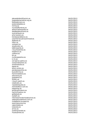 placasdeidentificacion.es        04/01/2013
juegosdemariobros.org.es         04/01/2013
bolsosdemano.es                  04/01/2013
pulseradeplata.es                04/01/2013
mirma.es                         04/01/2013
mundoalfombras.es                04/01/2013
afotonicafotografia.es           04/01/2013
detallesdetuevento.es            04/01/2013
susirodriguez.es                 04/01/2013
arte-luiscaro.es                 04/01/2013
tiendassarablanco.es             04/01/2013
carpinteriacuatrocaminossl.es    04/01/2013
jliglesias.es                    04/01/2013
cesyr.es                         04/01/2013
ucexpert.es                      04/01/2013
sexplorator.es                   04/01/2013
talleresparla.es                 04/01/2013
i-touchwatches.es                04/01/2013
hotelmiro.es                     04/01/2013
rosfersl.es                      04/01/2013
litr.es                          04/01/2013
muñecajasoliva.es                04/01/2013
k-mi.es                          04/01/2013
cerrajeros-palma.es              04/01/2013
corazondecarton.es               04/01/2013
windowstools.es                  04/01/2013
pgssa.es                         04/01/2013
acero-corten.es                  04/01/2013
paralacasaonline.es              04/01/2013
buenaforma.es                    04/01/2013
franinmobiliaria.es              04/01/2013
solucionrg.es                    04/01/2013
josepalma.es                     04/01/2013
ithilien.es                      04/01/2013
i-touch-watch.es                 04/01/2013
intelitrafic.es                  04/01/2013
ropadeetiqueta.es                04/01/2013
manoloelloco-com.es              04/01/2013
happyhop.es                      04/01/2013
lamborghinistore.es              04/01/2013
hachimmastour.es                 04/01/2013
golbalweb.es                     04/01/2013
izybath.es                       04/01/2013
interesesmoratoriosabusivos.es   04/01/2013
salasopticosalmeria.com.es       04/01/2013
ciudadanía-europea.es            04/01/2013
exprimetumovil.es                04/01/2013
vaportoledo.es                   04/01/2013
tutaxista.es                     04/01/2013
arrivo.es                        04/01/2013
pulidorgranada.es                04/01/2013
myserpentes.es                   04/01/2013
 