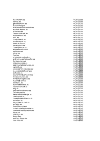 maximaram.es                 04/01/2013
tfamily.es                   04/01/2013
gasoleosacedo.es             04/01/2013
marianoblog.es               04/01/2013
asistenciatecnicaenleon.es   04/01/2013
autocar-madrid.es            04/01/2013
macmaoil.es                  04/01/2013
crossfitalbacete.es          04/01/2013
malditanerea.es              04/01/2013
yout.es                      04/01/2013
i-touchwatch.es              04/01/2013
guialasvegas.es              04/01/2013
medicalclinic.es             04/01/2013
tomatufruta.es               04/01/2013
cercedillarural.es           04/01/2013
abogadoenelche.es            04/01/2013
suitphone.es                 04/01/2013
olivar.es                    04/01/2013
fxdd.es                      04/01/2013
prautsinternational.es       04/01/2013
andreajmeraphotografer.es    04/01/2013
famosos.nom.es               04/01/2013
etiquetaderopa.es            04/01/2013
pizarrasdigitalesmurcia.es   04/01/2013
vipsclub.es                  04/01/2013
setodecorativolowcost.es     04/01/2013
juegosdecaballos.org.es      04/01/2013
biohueso.es                  04/01/2013
alquilerminibusmadrid.es     04/01/2013
murciadenuncia.es            04/01/2013
mindsmarketplace.es          04/01/2013
magmad.com.es                04/01/2013
alexlopez.es                 04/01/2013
espaciodepadres.es           04/01/2013
volarjewelryart.es           04/01/2013
isay.es                      04/01/2013
iglesiamediterranea.es       04/01/2013
crearempleo.es               04/01/2013
bañerashidromasaje.es        04/01/2013
carlozapata.es               04/01/2013
cerrajeriapenamadrid.es      04/01/2013
houspain.es                  04/01/2013
mejor-precio.com.es          04/01/2013
eurogoji.es                  04/01/2013
fiestafmmurcia.es            04/01/2013
restaurantelagunaseca.es     04/01/2013
tapersex-badalonashop.es     04/01/2013
bimiq.es                     04/01/2013
misraices.es                 04/01/2013
dopersl.es                   04/01/2013
sanchez-luque.es             04/01/2013
cota-cota.es                 04/01/2013
 