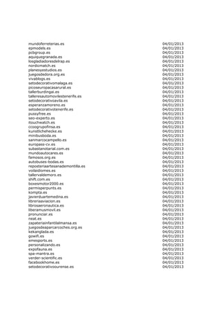 mundoferreterias.es               04/01/2013
epmodels.es                       04/01/2013
pcbgroup.es                       04/01/2013
aquiquegranada.es                 04/01/2013
losgladiadoresdelrap.es           04/01/2013
nordicmatch.es                    04/01/2013
planesyestudios.es                04/01/2013
juegosdedora.org.es               04/01/2013
vivablogs.es                      04/01/2013
setodecorativomalaga.es           04/01/2013
picoseuropacasarural.es           04/01/2013
tallerburdingai.es                04/01/2013
talleresautomovilestenerife.es    04/01/2013
setodecorativoavila.es            04/01/2013
esperanzamoreno.es                04/01/2013
setodecorativotenerife.es         04/01/2013
pussyfree.es                      04/01/2013
seo-experto.es                    04/01/2013
itouchwatch.es                    04/01/2013
ccoogrupofinsa.es                 04/01/2013
kunstlichehecke.es                04/01/2013
minibusboda.es                    04/01/2013
sanmarcocampello.es               04/01/2013
europass-cv.es                    04/01/2013
subastanotarial.com.es            04/01/2013
mundoautocares.es                 04/01/2013
famosos.org.es                    04/01/2013
autobuses-bodas.es                04/01/2013
reposteriaartesanademontilla.es   04/01/2013
voilaidiomes.es                   04/01/2013
tallervaldemoro.es                04/01/2013
shift.com.es                      04/01/2013
boxesmotor2000.es                 04/01/2013
permisperpunts.es                 04/01/2013
kompta.es                         04/01/2013
javierduartemedina.es             04/01/2013
libreriaaviacion.es               04/01/2013
librosaeronautica.es              04/01/2013
liberamusmovil.es                 04/01/2013
pronunciar.es                     04/01/2013
neat.es                           04/01/2013
zapateriainfantilalmansa.es       04/01/2013
juegosdeaparcarcoches.org.es      04/01/2013
kekanglada.es                     04/01/2013
gowifi.es                         04/01/2013
emesports.es                      04/01/2013
personalizando.es                 04/01/2013
expofauna.es                      04/01/2013
spa-mantra.es                     04/01/2013
verder-scientific.es              04/01/2013
facebookhome.es                   04/01/2013
setodecorativoourense.es          04/01/2013
 