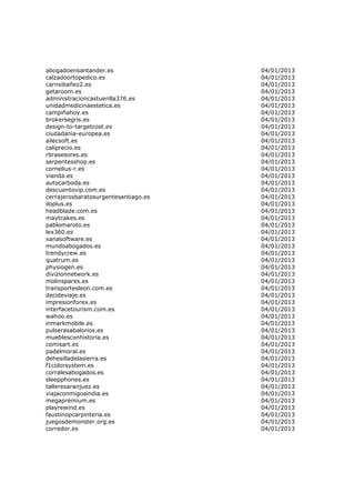 abogadoensantander.es                 04/01/2013
calzadoortopedico.es                  04/01/2013
carnsibañez2.es                       04/01/2013
getaroom.es                           04/01/2013
administracioncastuerilla376.es       04/01/2013
unidadmedicinaestetica.es             04/01/2013
campiñahoy.es                         04/01/2013
brokersegris.es                       04/01/2013
design-to-targetcost.es               04/01/2013
ciudadania-europea.es                 04/01/2013
ailecsoft.es                          04/01/2013
caliprecio.es                         04/01/2013
rbrasesores.es                        04/01/2013
serpentesshop.es                      04/01/2013
cornelius-r.es                        04/01/2013
vianda.es                             04/01/2013
autocarboda.es                        04/01/2013
descuentovip.com.es                   04/01/2013
cerrajerosbaratosurgentesantiago.es   04/01/2013
iloplus.es                            04/01/2013
headblade.com.es                      04/01/2013
maytcakes.es                          04/01/2013
pablomaroto.es                        04/01/2013
lex360.es                             04/01/2013
xanasoftware.es                       04/01/2013
mundoabogados.es                      04/01/2013
trendycrew.es                         04/01/2013
quatrum.es                            04/01/2013
physiogen.es                          04/01/2013
divizionnetwork.es                    04/01/2013
molinspares.es                        04/01/2013
transportesleon.com.es                04/01/2013
decideviaje.es                        04/01/2013
impresionforex.es                     04/01/2013
interfacetourism.com.es               04/01/2013
wahoo.es                              04/01/2013
inmarkmobile.es                       04/01/2013
pulserasabalorios.es                  04/01/2013
mueblesconhistoria.es                 04/01/2013
comisart.es                           04/01/2013
padelmoral.es                         04/01/2013
dehesilladelasierra.es                04/01/2013
f1colorsystem.es                      04/01/2013
corralesabogados.es                   04/01/2013
sleepphones.es                        04/01/2013
talleresaranjuez.es                   04/01/2013
viajaconmigoaindia.es                 04/01/2013
megapremium.es                        04/01/2013
playrewind.es                         04/01/2013
faustinopcarpinteria.es               04/01/2013
juegosdemonster.org.es                04/01/2013
corredor.es                           04/01/2013
 