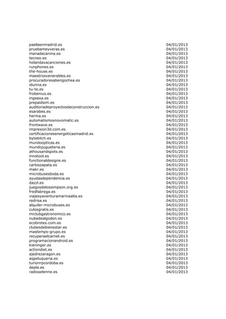 paellaenmadrid.es                       04/01/2013
pruebameyveras.es                       04/01/2013
manadacanina.es                         04/01/2013
tecneo.es                               04/01/2013
holandavacanciones.es                   04/01/2013
runphones.es                            04/01/2013
the-house.es                            04/01/2013
maestrosvenerables.es                   04/01/2013
procuradoresabengochea.es               04/01/2013
idunna.es                               04/01/2013
tu-te.es                                04/01/2013
frobenius.es                            04/01/2013
ingeaxa.es                              04/01/2013
prepaidsim.es                           04/01/2013
auditoriadeproyectosdeconstruccion.es   04/01/2013
esarabes.es                             04/01/2013
herma.es                                04/01/2013
automatismosnovomatic.es                04/01/2013
frontwave.es                            04/01/2013
impresion3d.com.es                      04/01/2013
certificacionesenergeticasmadrid.es     04/01/2013
bytebitch.es                            04/01/2013
mundoopticas.es                         04/01/2013
mundojugueteria.es                      04/01/2013
athousandspots.es                       04/01/2013
innotool.es                             04/01/2013
functionaldesigne.es                    04/01/2013
carloszapata.es                         04/01/2013
makr.es                                 04/01/2013
microbusesboda.es                       04/01/2013
ayudasdependencia.es                    04/01/2013
dazzl.es                                04/01/2013
juegosdelossimpson.org.es               04/01/2013
fredfabrega.es                          04/01/2013
viajesyaventuramarinaalta.es            04/01/2013
redrisa.es                              04/01/2013
alquiler-microbuses.es                  04/01/2013
culosgratis.es                          04/01/2013
miclubgastronomico.es                   04/01/2013
nubedealgodon.es                        04/01/2013
ecobrotes.com.es                        04/01/2013
clubesdebienestar.es                    04/01/2013
mastempo-grupo.es                       04/01/2013
recuperaelcarnet.es                     04/01/2013
programacionandroid.es                  04/01/2013
kieninger.es                            04/01/2013
actiondiet.es                           04/01/2013
ajedrezaragon.es                        04/01/2013
aqpeluqueria.es                         04/01/2013
turionrpcordoba.es                      04/01/2013
depla.es                                04/01/2013
radioselenne.es                         04/01/2013
 