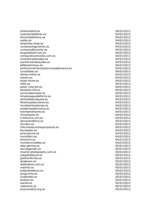 photomadrid.es                           04/01/2013
carpinteriabeltran.es                    04/01/2013
lahuertadefresno.es                      04/01/2013
pulido.es                                04/01/2013
serpentes-shop.es                        04/01/2013
cursoscartagenantic.es                   04/01/2013
cursosmallorcantic.es                    04/01/2013
ecografias4d.com.es                      04/01/2013
comparativamoviles.com.es                04/01/2013
consultoriasfiscales.es                  04/01/2013
juanhernandezquiles.es                   04/01/2013
bellezasmireya.es                        04/01/2013
perfeccionamientostecnicossalamanca.es   04/01/2013
cursodeseo.es                            04/01/2013
almea-online.es                          04/01/2013
oshare.es                                04/01/2013
bulan-home.es                            04/01/2013
otitis.es                                04/01/2013
poker-internet.es                        04/01/2013
llantas5x120.es                          04/01/2013
carnicosleoneses.es                      04/01/2013
limpiezasguadalhorce.es                  04/01/2013
elmitodelamaquina.es                     04/01/2013
flowhousebarcelona.es                    04/01/2013
mundoambulancias.es                      04/01/2013
academiasdemusica.es                     04/01/2013
trocheandmoche.es                        04/01/2013
china2spain.es                           04/01/2013
e-bitacora.com.es                        04/01/2013
denuestratierra.es                       04/01/2013
serraluz.es                              04/01/2013
informestecnicosyproyectos.es            04/01/2013
lauralopez.es                            04/01/2013
pintorgirona.es                          04/01/2013
mundobici.es                             04/01/2013
limonciro.es                             04/01/2013
mundoinmuebles.es                        04/01/2013
idea-gaming.es                           05/01/2013
berroagarden.es                          05/01/2013
recarte-photography.com.es               05/01/2013
poligafodeluxe.es                        05/01/2013
gollcherferries.es                       05/01/2013
alcalacars.es                            05/01/2013
dolldreams.com.es                        05/01/2013
madrith.es                               05/01/2013
poligrafodeluxe.es                       05/01/2013
jungyunho.es                             05/01/2013
luzdevelas.es                            05/01/2013
tostana.es                               05/01/2013
wandb.es                                 05/01/2013
radiozona.es                             05/01/2013
procumadrid.org.es                       05/01/2013
 