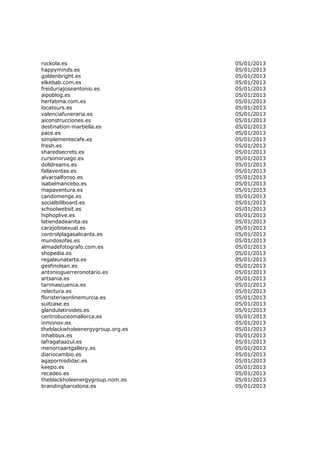 rockola.es                        05/01/2013
happyminds.es                     05/01/2013
goldenbright.es                   05/01/2013
elkebab.com.es                    05/01/2013
freiduriajoseantonio.es           05/01/2013
aipoblog.es                       05/01/2013
herfabma.com.es                   05/01/2013
locatours.es                      05/01/2013
valenciafuneraria.es              05/01/2013
aiconstrucciones.es               05/01/2013
destination-marbella.es           05/01/2013
pace.es                           05/01/2013
simplementecafe.es                05/01/2013
fresh.es                          05/01/2013
sharedsecrets.es                  05/01/2013
cursonoruego.es                   05/01/2013
dolldreams.es                     05/01/2013
fallaventas.es                    05/01/2013
alvaroalfonso.es                  05/01/2013
isabelmancebo.es                  05/01/2013
mapaventura.es                    05/01/2013
candomenge.es                     05/01/2013
socialbillboard.es                05/01/2013
schoolwebsit.es                   05/01/2013
hiphoplive.es                     05/01/2013
latiendadeanita.es                05/01/2013
carajobisexual.es                 05/01/2013
controlplagasalicante.es          05/01/2013
mundosofas.es                     05/01/2013
almadefotografo.com.es            05/01/2013
shopedia.es                       05/01/2013
regalaunatarta.es                 05/01/2013
gesfinolsan.es                    05/01/2013
antonioguerreronotario.es         05/01/2013
artsania.es                       05/01/2013
tarimascuenca.es                  05/01/2013
relectura.es                      05/01/2013
floristeriaonlinemurcia.es        05/01/2013
suitcase.es                       05/01/2013
glandulatiroides.es               05/01/2013
centrobuceomallorca.es            05/01/2013
inmonov.es                        05/01/2013
theblackwholeenergygroup.org.es   05/01/2013
inhabbux.es                       05/01/2013
lafragataazul.es                  05/01/2013
menorcaartgallery.es              05/01/2013
diariocambio.es                   05/01/2013
agapornisdidac.es                 05/01/2013
keepo.es                          05/01/2013
recadeo.es                        05/01/2013
theblackholeenergygroup.nom.es    05/01/2013
brandingbarcelona.es              05/01/2013
 