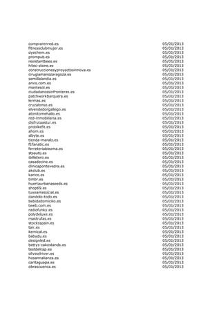 comprarenred.es                     05/01/2013
fitnessclubmujer.es                 05/01/2013
dyechem.es                          05/01/2013
prompub.es                          05/01/2013
resistantbees.es                    05/01/2013
hitec-stone.es                      05/01/2013
construccionesyproyectosinnova.es   05/01/2013
cirugiamanozaragoza.es              05/01/2013
semillalandia.es                    05/01/2013
arxis.com.es                        05/01/2013
mantesol.es                         05/01/2013
ciudadanossinfronteras.es           05/01/2013
patchworkbarquera.es                05/01/2013
lermas.es                           05/01/2013
cruzalonso.es                       05/01/2013
elvendedorgallego.es                05/01/2013
atonitomehallo.es                   05/01/2013
red-inmobiliaria.es                 05/01/2013
disfrutaastur.es                    05/01/2013
probikefit.es                       05/01/2013
ahom.es                             05/01/2013
slbyte.es                           05/01/2013
tienda-maralz.es                    05/01/2013
f1fanatic.es                        05/01/2013
ferreteriabiezma.es                 05/01/2013
stsauto.es                          05/01/2013
ibilletero.es                       05/01/2013
casadecine.es                       05/01/2013
clinicapontevedra.es                05/01/2013
akclub.es                           05/01/2013
karico.es                           05/01/2013
timbr.es                            05/01/2013
huertaurbanaseeds.es                05/01/2013
shop69.es                           05/01/2013
tuxeamesocial.es                    05/01/2013
dandolo-todo.es                     05/01/2013
bebidadomicilio.es                  05/01/2013
tweb.com.es                         05/01/2013
radiofunky.es                       05/01/2013
polydeluxe.es                       05/01/2013
mastrufas.es                        05/01/2013
stocksspain.es                      05/01/2013
tair.es                             05/01/2013
kemical.es                          05/01/2013
babydu.es                           05/01/2013
designled.es                        05/01/2013
bettys-cakestands.es                05/01/2013
testdelcap.es                       05/01/2013
oliveoilriver.es                    05/01/2013
hosannalianza.es                    05/01/2013
caritaguapa.es                      05/01/2013
obrascuenca.es                      05/01/2013
 