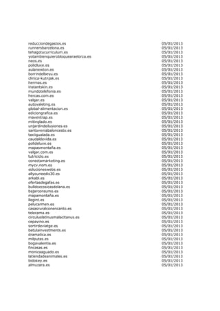 reducciondegastos.es                05/01/2013
runnersbarcelona.es                 05/01/2013
tehagotucurriculum.es               05/01/2013
yotambienquierobloquearaelorza.es   05/01/2013
neos.es                             05/01/2013
polidluxe.es                        05/01/2013
aulanewton.es                       05/01/2013
borrindelbeyu.es                    05/01/2013
clinica-kutnjak.es                  05/01/2013
hermas.es                           05/01/2013
instantskin.es                      05/01/2013
mundotelefonia.es                   05/01/2013
hercas.com.es                       05/01/2013
valgar.es                           05/01/2013
autovaleting.es                     05/01/2013
global-alimentacion.es              05/01/2013
ediciongrafica.es                   05/01/2013
maventrap.es                        05/01/2013
mitinglado.es                       05/01/2013
unjardindeilusiones.es              05/01/2013
santoveniabaloncesto.es             05/01/2013
taxiigualada.es                     05/01/2013
caudaldevida.es                     05/01/2013
polideluxe.es                       05/01/2013
mapasmontaña.es                     05/01/2013
valgar.com.es                       05/01/2013
tutriciclo.es                       05/01/2013
conectamarketing.es                 05/01/2013
mycv.nom.es                         05/01/2013
solucioneswebs.es                   05/01/2013
allyouneedis30.es                   05/01/2013
arkabl.es                           05/01/2013
ofertasdegafas.es                   05/01/2013
bulldozcosicasdelana.es             05/01/2013
bajarconsumo.es                     05/01/2013
mapamontaña.es                      05/01/2013
llegint.es                          05/01/2013
pelucarmen.es                       05/01/2013
casasruralconencanto.es             05/01/2013
telecama.es                         05/01/2013
circuluslatinusmalacitanus.es       05/01/2013
cepavino.es                         05/01/2013
sortirdeviatge.es                   05/01/2013
betulainvestments.es                05/01/2013
dramatica.es                        05/01/2013
milputas.es                         05/01/2013
bogavalentia.es                     05/01/2013
fincasas.es                         05/01/2013
monicaaguado.es                     05/01/2013
latiendadeanimales.es               05/01/2013
bidokey.es                          05/01/2013
almuzara.es                         05/01/2013
 