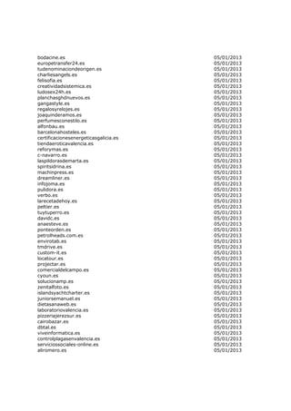 bodacine.es                            05/01/2013
europetransfer24.es                    05/01/2013
tudenominaciondeorigen.es              05/01/2013
charliesangels.es                      05/01/2013
felisofia.es                           05/01/2013
creatividadsistemica.es                05/01/2013
ludosex24h.es                          05/01/2013
planchasghdnuevos.es                   05/01/2013
gangastyle.es                          05/01/2013
regalosyrelojes.es                     05/01/2013
joaquinderamos.es                      05/01/2013
perfumesconestilo.es                   05/01/2013
alfonbau.es                            05/01/2013
barcelonahosteles.es                   05/01/2013
certificacionesenergeticasgalicia.es   05/01/2013
tiendaeroticavalencia.es               05/01/2013
reforymas.es                           05/01/2013
c-navarro.es                           05/01/2013
laspildorasdemarta.es                  05/01/2013
spiritsidrina.es                       05/01/2013
machinpress.es                         05/01/2013
dreamliner.es                          05/01/2013
infojoma.es                            05/01/2013
pulidora.es                            05/01/2013
verbo.es                               05/01/2013
larecetadehoy.es                       05/01/2013
peltier.es                             05/01/2013
tuytuperro.es                          05/01/2013
davidc.es                              05/01/2013
anaesteve.es                           05/01/2013
ponteorden.es                          05/01/2013
petrolheads.com.es                     05/01/2013
envirotab.es                           05/01/2013
tmdrive.es                             05/01/2013
custom-it.es                           05/01/2013
locatour.es                            05/01/2013
projectar.es                           05/01/2013
comercialdelcampo.es                   05/01/2013
cyoun.es                               05/01/2013
solucionamp.es                         05/01/2013
zenitalfoto.es                         05/01/2013
islandsyachtcharter.es                 05/01/2013
juniorsemanuel.es                      05/01/2013
dietasanaweb.es                        05/01/2013
laboratoriovalencia.es                 05/01/2013
pizzeriajerezsur.es                    05/01/2013
cairobazar.es                          05/01/2013
dbtal.es                               05/01/2013
viveinformatica.es                     05/01/2013
controlplagasenvalencia.es             05/01/2013
serviciossociales-online.es            05/01/2013
aliromero.es                           05/01/2013
 