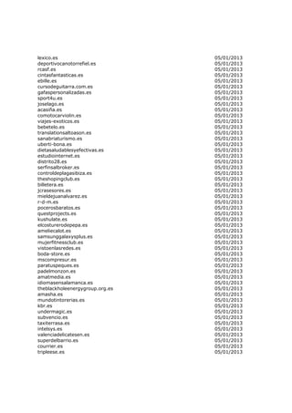 lexico.es                        05/01/2013
deportivocanotorrefiel.es        05/01/2013
rcasf.es                         05/01/2013
cintasfantasticas.es             05/01/2013
ebille.es                        05/01/2013
cursodeguitarra.com.es           05/01/2013
gafaspersonalizadas.es           05/01/2013
sport4u.es                       05/01/2013
joselago.es                      05/01/2013
acasiña.es                       05/01/2013
comotocarviolin.es               05/01/2013
viajes-exoticos.es               05/01/2013
bebetelo.es                      05/01/2013
translationsaltoason.es          05/01/2013
sanabriaturismo.es               05/01/2013
uberti-bona.es                   05/01/2013
dietasaludablesyefectivas.es     05/01/2013
estudiointernet.es               05/01/2013
distrito28.es                    05/01/2013
serfinsalbroker.es               05/01/2013
controldeplagasibiza.es          05/01/2013
theshopingclub.es                05/01/2013
billetera.es                     05/01/2013
jcrasesores.es                   05/01/2013
mieldejuanalvarez.es             05/01/2013
r-d-m.es                         05/01/2013
pocerosbaratos.es                05/01/2013
questprojects.es                 05/01/2013
kushulate.es                     05/01/2013
elcosturerodepepa.es             05/01/2013
ameliecalot.es                   05/01/2013
samsunggalaxysplus.es            05/01/2013
mujerfitnessclub.es              05/01/2013
vistoenlasredes.es               05/01/2013
boda-store.es                    05/01/2013
mscompresur.es                   05/01/2013
paratuspeques.es                 05/01/2013
padelmonzon.es                   05/01/2013
amatmedia.es                     05/01/2013
idiomasensalamanca.es            05/01/2013
theblackholeenergygroup.org.es   05/01/2013
amasha.es                        05/01/2013
mundotintorerias.es              05/01/2013
kbr.es                           05/01/2013
undermagic.es                    05/01/2013
subvencio.es                     05/01/2013
taxiterrasa.es                   05/01/2013
intelsys.es                      05/01/2013
valenciadelicatesen.es           05/01/2013
superdelbarrio.es                05/01/2013
courrier.es                      05/01/2013
tripleese.es                     05/01/2013
 