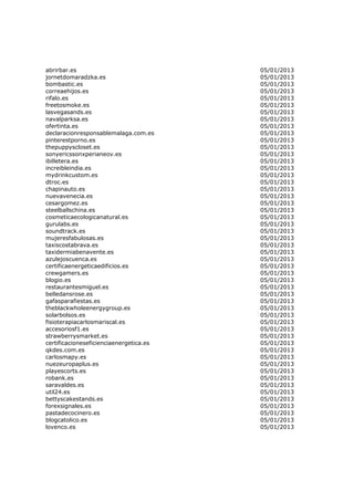abrirbar.es                              05/01/2013
jornetdomaradzka.es                      05/01/2013
bombastic.es                             05/01/2013
correaehijos.es                          05/01/2013
rifalo.es                                05/01/2013
freetosmoke.es                           05/01/2013
lasvegasands.es                          05/01/2013
navalparksa.es                           05/01/2013
ofertinta.es                             05/01/2013
declaracionresponsablemalaga.com.es      05/01/2013
pinterestporno.es                        05/01/2013
thepuppyscloset.es                       05/01/2013
sonyericssonxperianeov.es                05/01/2013
ibilletera.es                            05/01/2013
increibleindia.es                        05/01/2013
mydrinkcustom.es                         05/01/2013
dtroc.es                                 05/01/2013
chapinauto.es                            05/01/2013
nuevavenecia.es                          05/01/2013
cesargomez.es                            05/01/2013
steelballschina.es                       05/01/2013
cosmeticaecologicanatural.es             05/01/2013
gurulabs.es                              05/01/2013
soundtrack.es                            05/01/2013
mujeresfabulosas.es                      05/01/2013
taxiscostabrava.es                       05/01/2013
taxidermiabenavente.es                   05/01/2013
azulejoscuenca.es                        05/01/2013
certificaenergeticaedificios.es          05/01/2013
crewgamers.es                            05/01/2013
blogio.es                                05/01/2013
restaurantesmiguel.es                    05/01/2013
belledansrose.es                         05/01/2013
gafasparafiestas.es                      05/01/2013
theblackwholeenergygroup.es              05/01/2013
solarbolsos.es                           05/01/2013
fisioterapiacarlosmariscal.es            05/01/2013
accesoriosf1.es                          05/01/2013
strawberrysmarket.es                     05/01/2013
certificacioneseficienciaenergetica.es   05/01/2013
qkdes.com.es                             05/01/2013
carlosmapy.es                            05/01/2013
nuezeuropaplus.es                        05/01/2013
playescorts.es                           05/01/2013
robank.es                                05/01/2013
saravaldes.es                            05/01/2013
util24.es                                05/01/2013
bettyscakestands.es                      05/01/2013
forexsignales.es                         05/01/2013
pastadecocinero.es                       05/01/2013
blogcatolico.es                          05/01/2013
lovenco.es                               05/01/2013
 