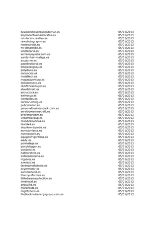 tuscaprichosdepuntodecruz.es     05/01/2013
losproductosmasbaratos.es        05/01/2013
rotulacioncreativa.es            05/01/2013
rawphotography.es                05/01/2013
newsoundjk.es                    05/01/2013
mi-desarrollo.es                 05/01/2013
vinotecaria.es                   05/01/2013
serranojoyeros.com.es            05/01/2013
vanity-hair-malaga.es            05/01/2013
ascolcrim.es                     05/01/2013
padelindoortb.es                 05/01/2013
limpiezasgrau.es                 05/01/2013
polydluxe.es                     05/01/2013
canuncios.es                     05/01/2013
motsflech.es                     05/01/2013
mapasaventura.es                 05/01/2013
lesbianosexo.es                  05/01/2013
clubfitnessmujer.es              05/01/2013
elwallstreet.es                  05/01/2013
estructura.es                    05/01/2013
keimatua.es                      05/01/2013
icontables.es                    05/01/2013
cardiorunning.es                 05/01/2013
pubcubabar.es                    05/01/2013
personalbusinesspack.com.es      05/01/2013
servidoresminecraft.es           05/01/2013
prevensystem.es                  05/01/2013
veeambackup.es                   05/01/2013
mund2anuncios.es                 05/01/2013
teac4x4.es                       05/01/2013
alquilerortopedia.es             05/01/2013
esmicamiseta.es                  05/01/2013
noninastore.es                   05/01/2013
equiposfrigorificos.es           05/01/2013
wedy.es                          05/01/2013
pormalaga.es                     05/01/2013
psicoblogger.es                  05/01/2013
dondelio.es                      05/01/2013
habboretros.es                   05/01/2013
doblesderesina.es                05/01/2013
mjperez.es                       05/01/2013
xxxsexo.es                       05/01/2013
lavanderiahoteles.es             05/01/2013
acyremotor.es                    05/01/2013
summerland.es                    05/01/2013
thierryreformas.es               05/01/2013
littledreamscollection.es        05/01/2013
timehotel.es                     05/01/2013
anacuiña.es                      05/01/2013
morankidz.es                     05/01/2013
mightyhero.es                    05/01/2013
theblackholeenergygroup.com.es   05/01/2013
 