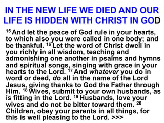 IN THE NEW LIFE WE DIED AND OUR
LIFE IS HIDDEN WITH CHRIST IN GOD
15 And let the peace of God rule in your hearts,
to which also you were called in one body; and
be thankful. 16 Let the word of Christ dwell in
you richly in all wisdom, teaching and
admonishing one another in psalms and hymns
and spiritual songs, singing with grace in your
hearts to the Lord. 17 And whatever you do in
word or deed, do all in the name of the Lord
Jesus, giving thanks to God the Father through
Him. 18 Wives, submit to your own husbands, as
is fitting in the Lord. 19 Husbands, love your
wives and do not be bitter toward them. 20
Children, obey your parents in all things, for
this is well pleasing to the Lord. >>>
 